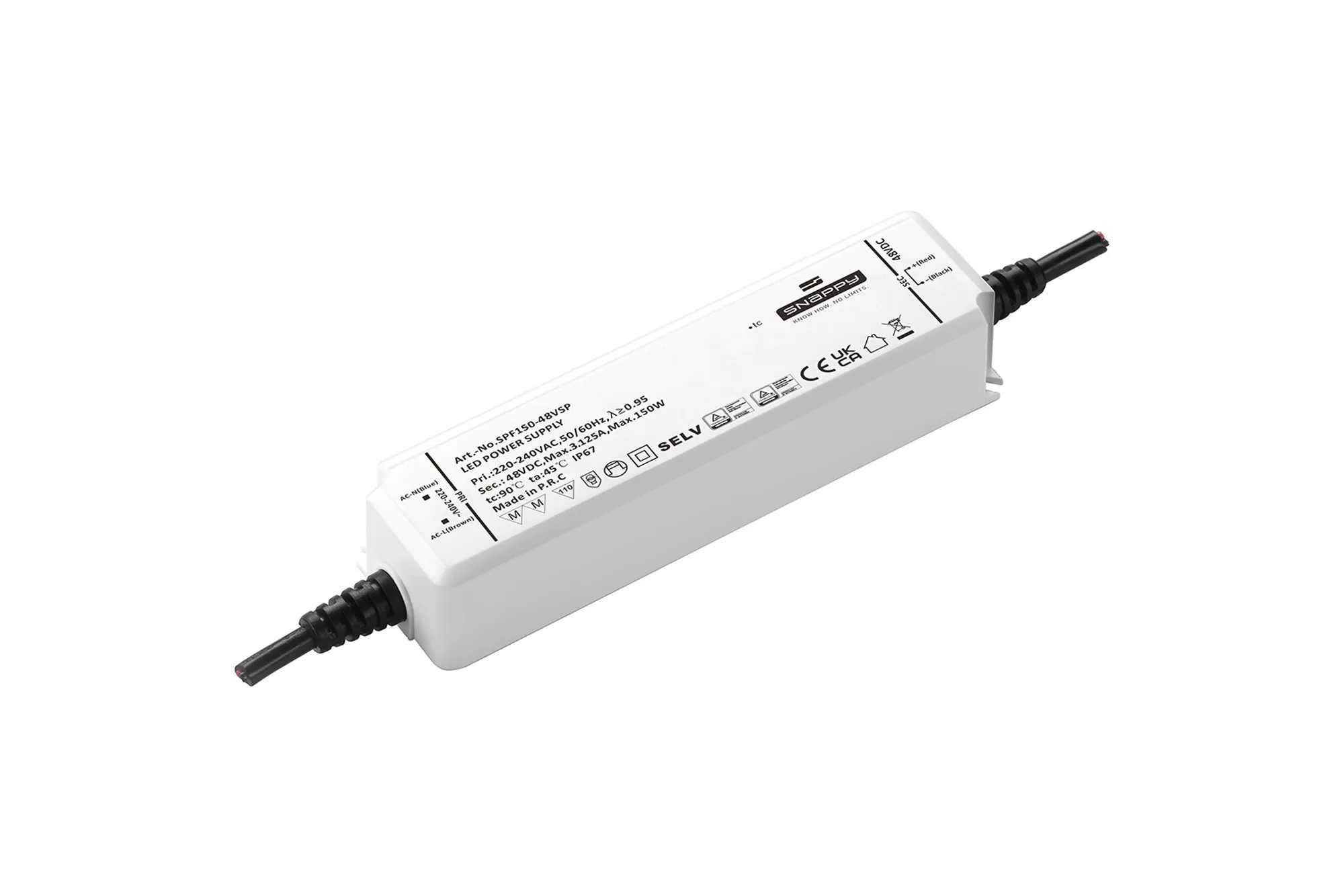 SPF150-48VSP  150W, Constant Voltage Non Dimmable LED Driver, 48VDC, 3.125A, Input 200-240VAC 50/60Hz, IP67.